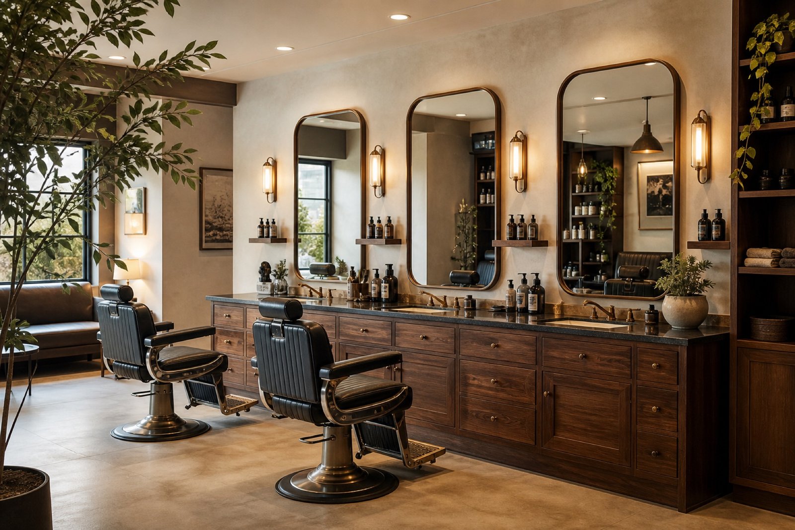 Modern premium salon interior with barber chairs and mirrors