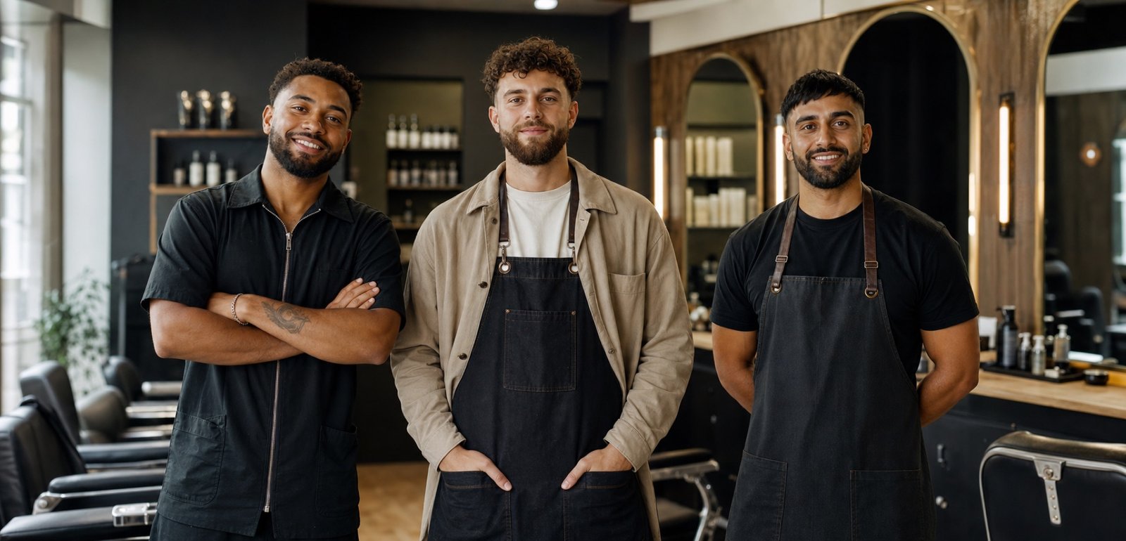 Three professional barbers standing together in a modern salon