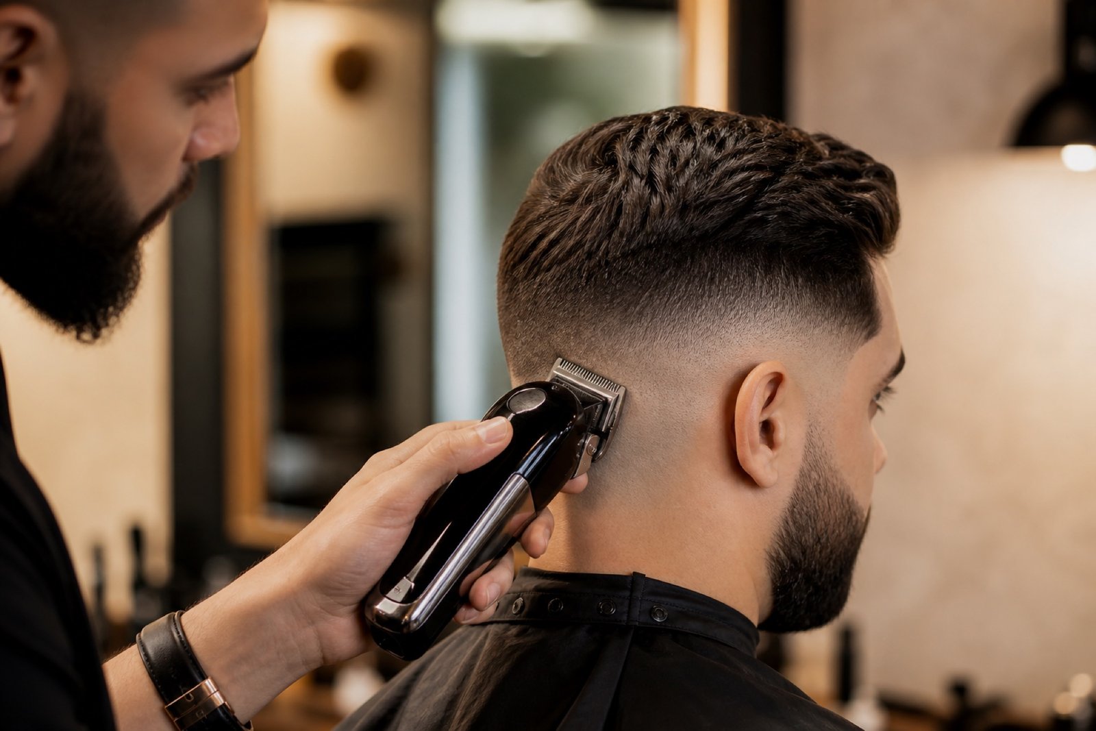 Professional barber finishing a modern skin fade haircut